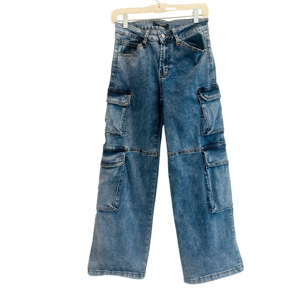 Fire & Rain Cargo‎ Jeans Womens 7 Blue EUC Wide Leg High Rise Utility Denim Y2K